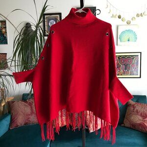 CROSSTREE LANE Unstructured Red Fringe Poncho Turtleneck Sweater O/S